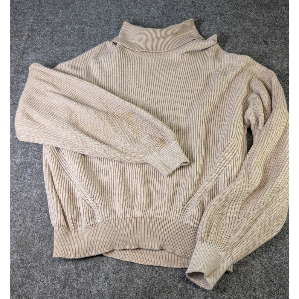 DKNY Womens XL Beige Cotton Ribbed Turtleneck Balloon Sleeve Sweater P2MSAQA8